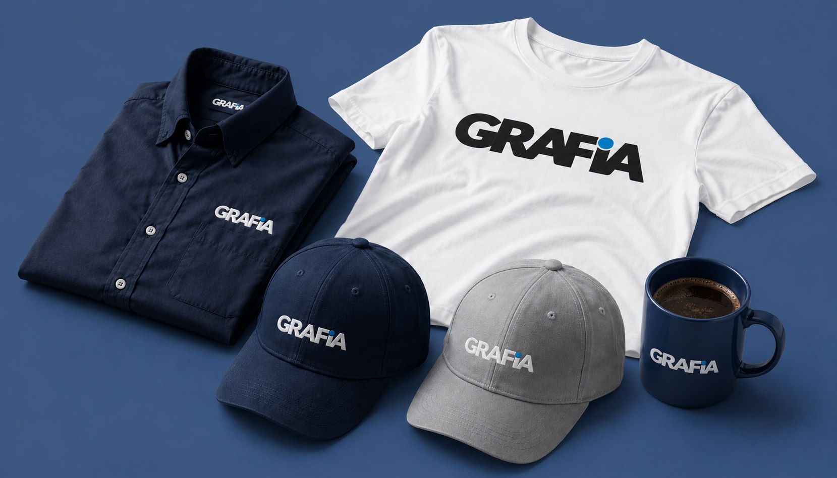 Camisetas, gorras, camisa y taza personalizadas con el logo GRAFIA